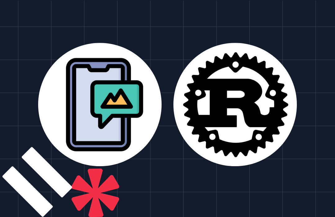Icons of a mobile app and the Rust programming language gear symbol on a dark grid background.