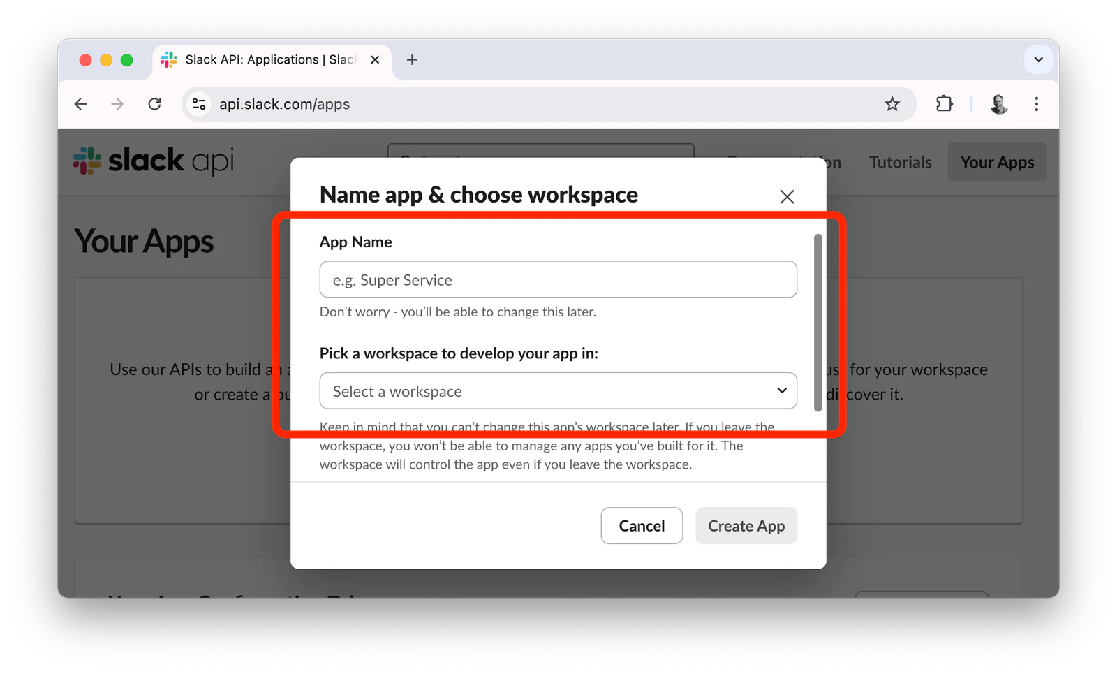 Slack window showing a dialog to name an app and select a workspace for Slack API development.