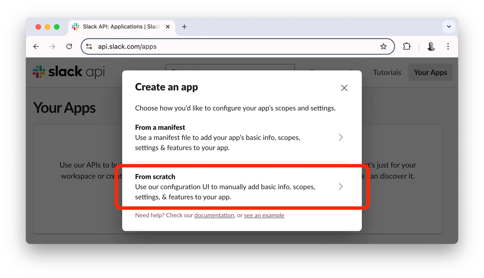 Slack API page showing Create an app options with From a manifest highlighted.