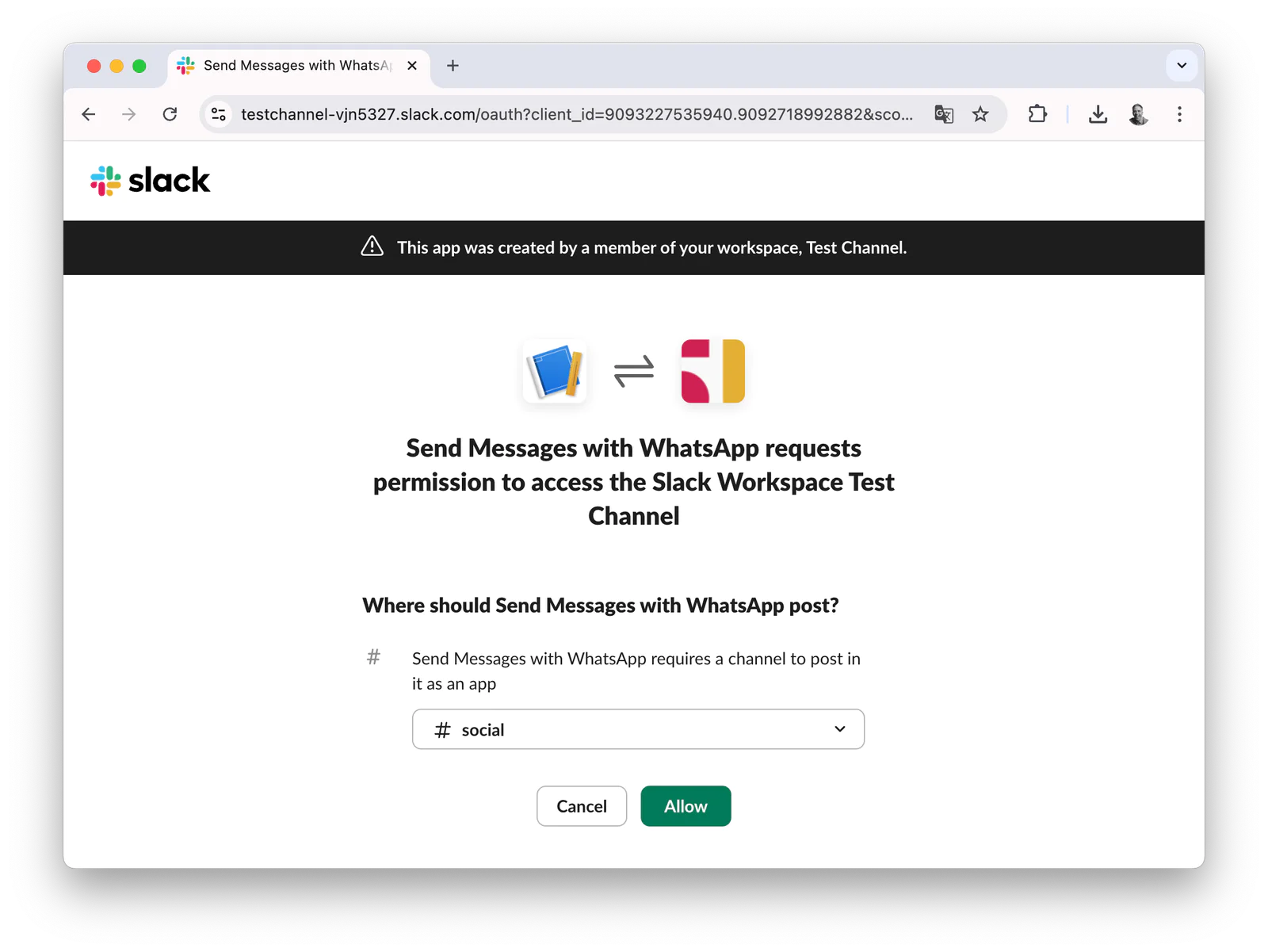 Slack app requests permission to access WhatsApp channel with allow button visible in web browser.