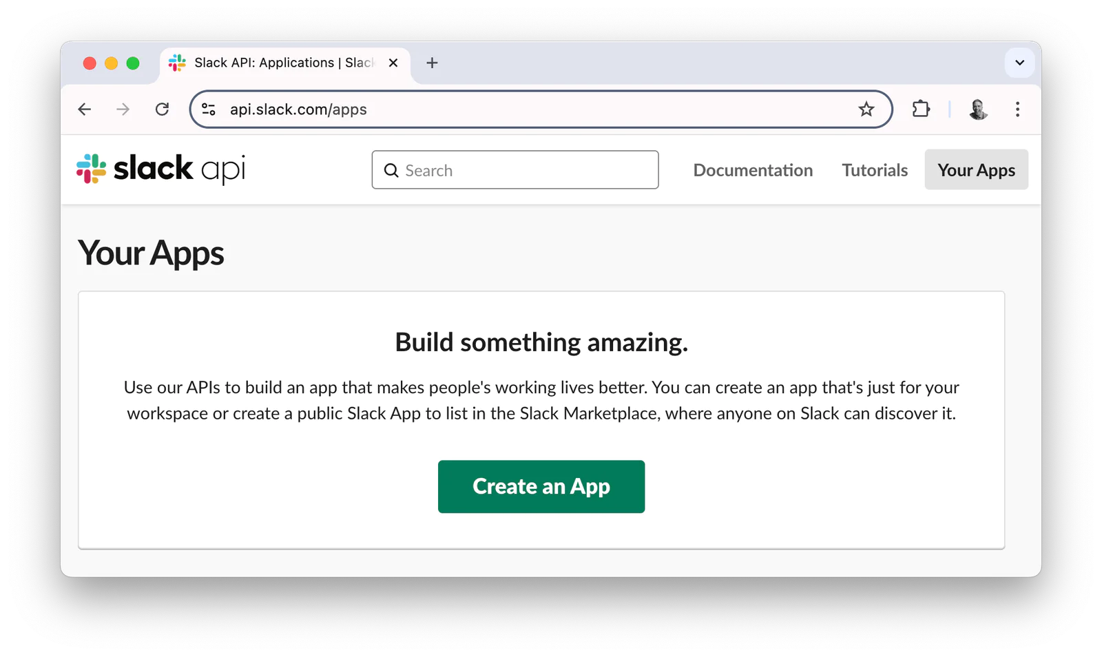 Screenshot of the Slack API app creation page with a Create an App button.