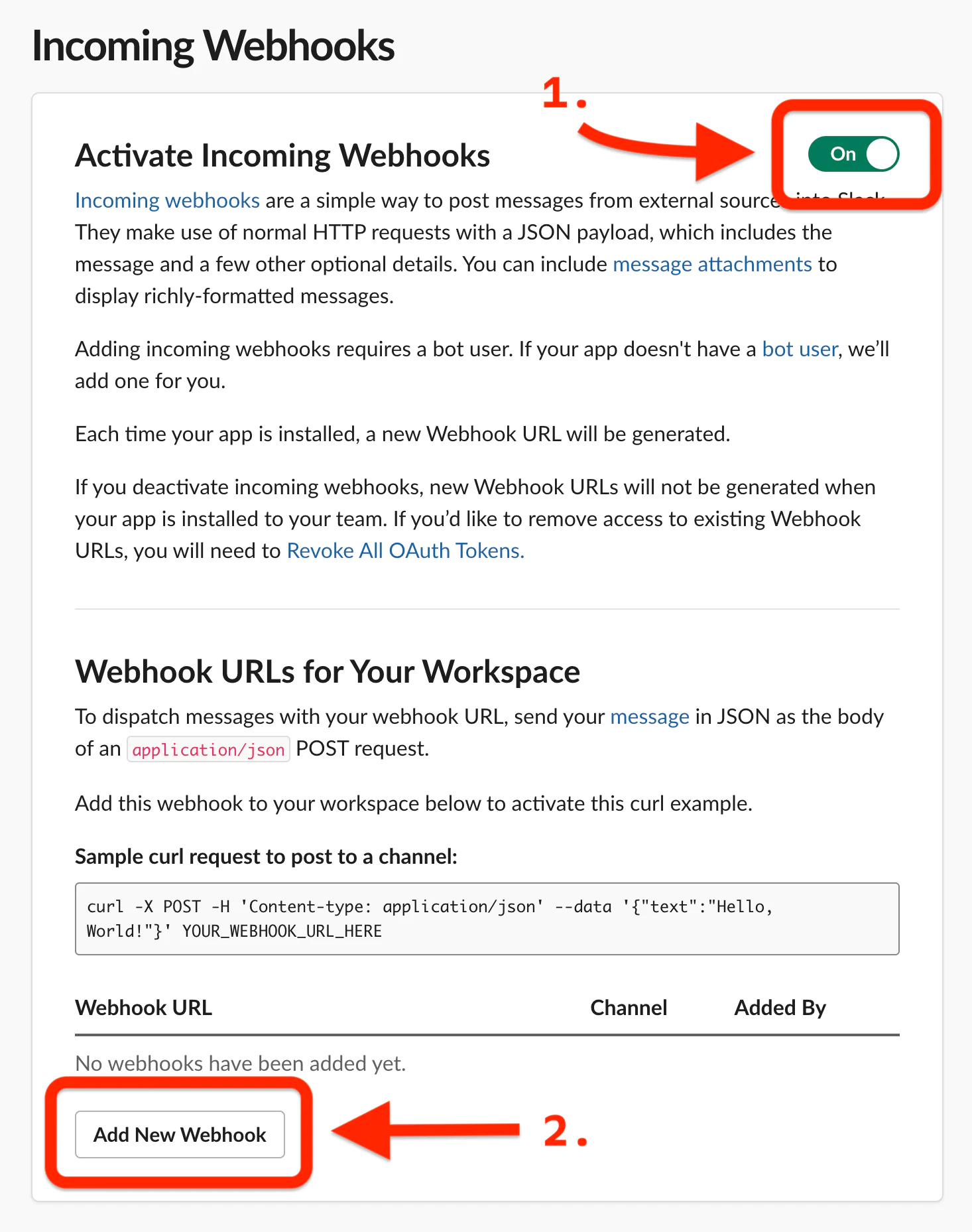 Settings page showing toggling an On button and adding a new webhook in a workspace.