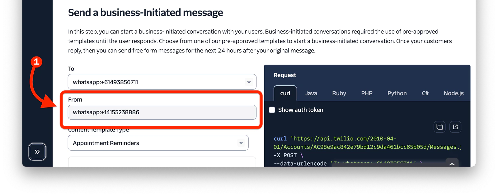 Screenshot showing how to select WhatsApp numbers for a business-initiated message on an online platform.