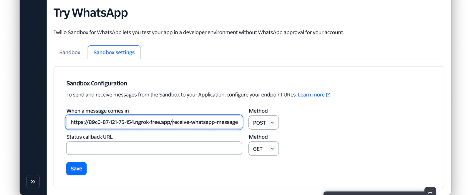 Screenshot of the Twilio Sandbox configuration settings for receiving WhatsApp messages.
