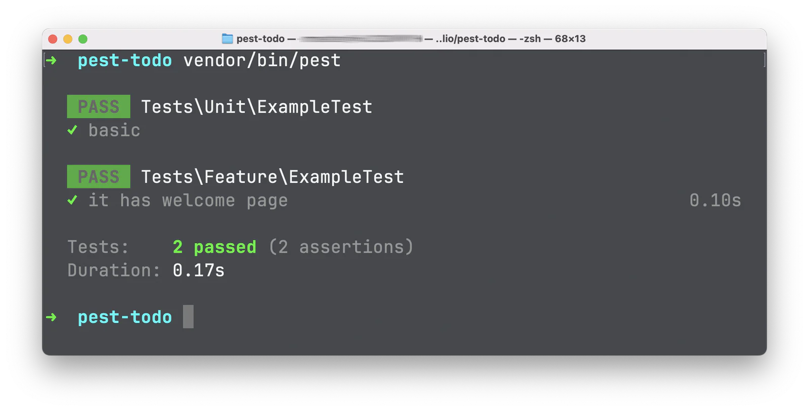 Terminal showing pest-todo test results with 2 passed assertions in 0.17s. Terminal showing pest-todo test results with 2 passed assertions in 0.17s.