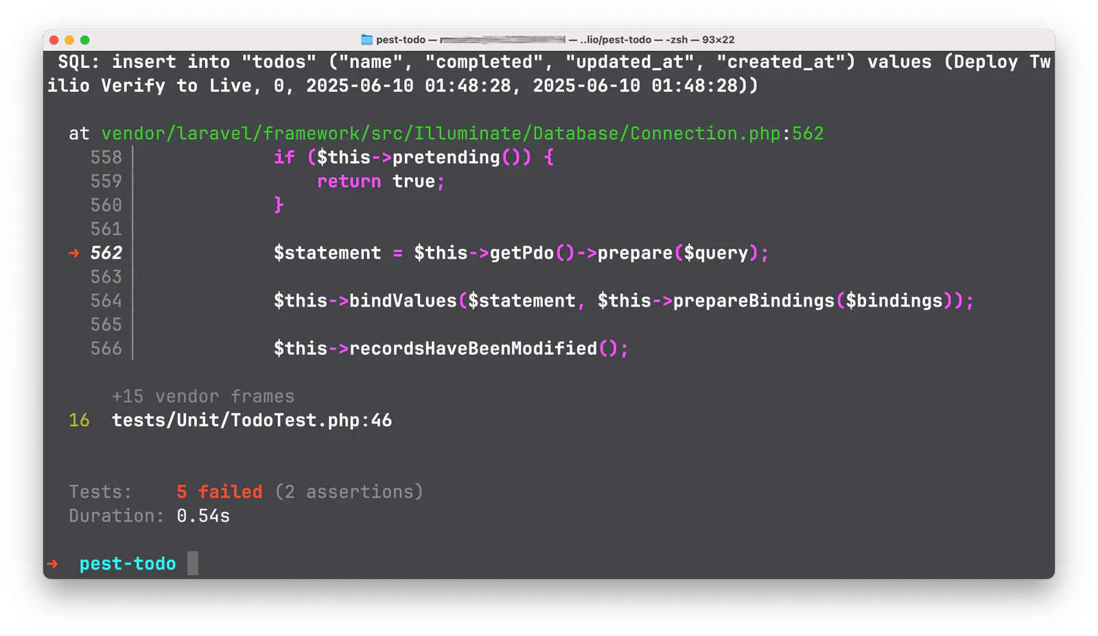 Terminal displaying SQL error with failing PHPUnit test and call stack trace. Terminal displaying SQL error with failing PHPUnit test and call stack trace.