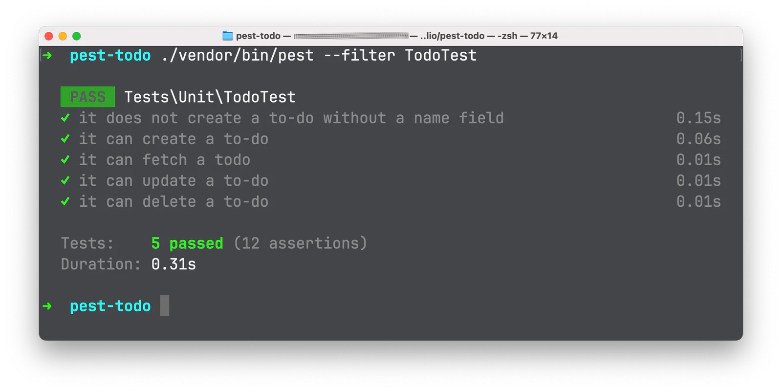 Terminal displaying results of TodoTest unit tests with 5 tests run and all passing in 0.31 seconds. Terminal displaying results of TodoTest unit tests with 5 tests run and all passing in 0.31 seconds.