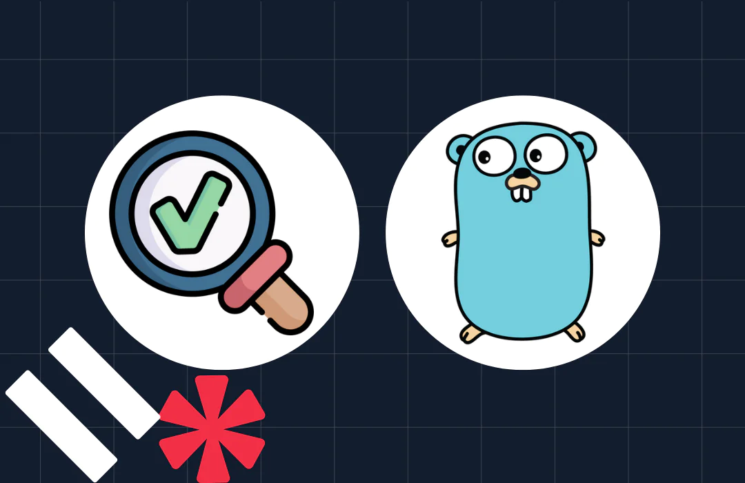 Magnifying glass with check mark and gopher character on a dark grid background.