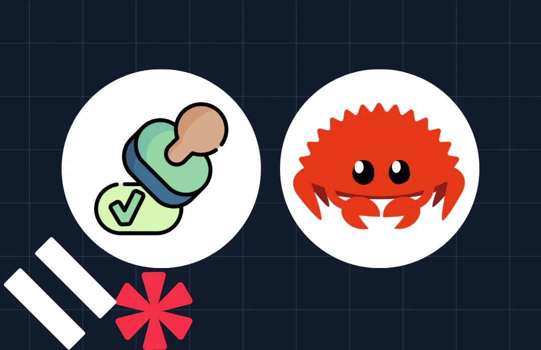 A pacifier with a check mark symbol and a red cartoon crab, displayed on a dark grid background.
