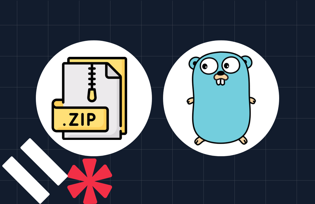 Cartoon gopher mascot next to a file icon with a .zip extension on a grid background.
