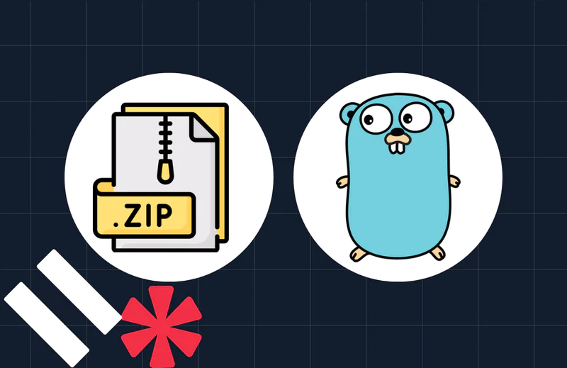 Cartoon gopher mascot next to a file icon with a .zip extension on a grid background.