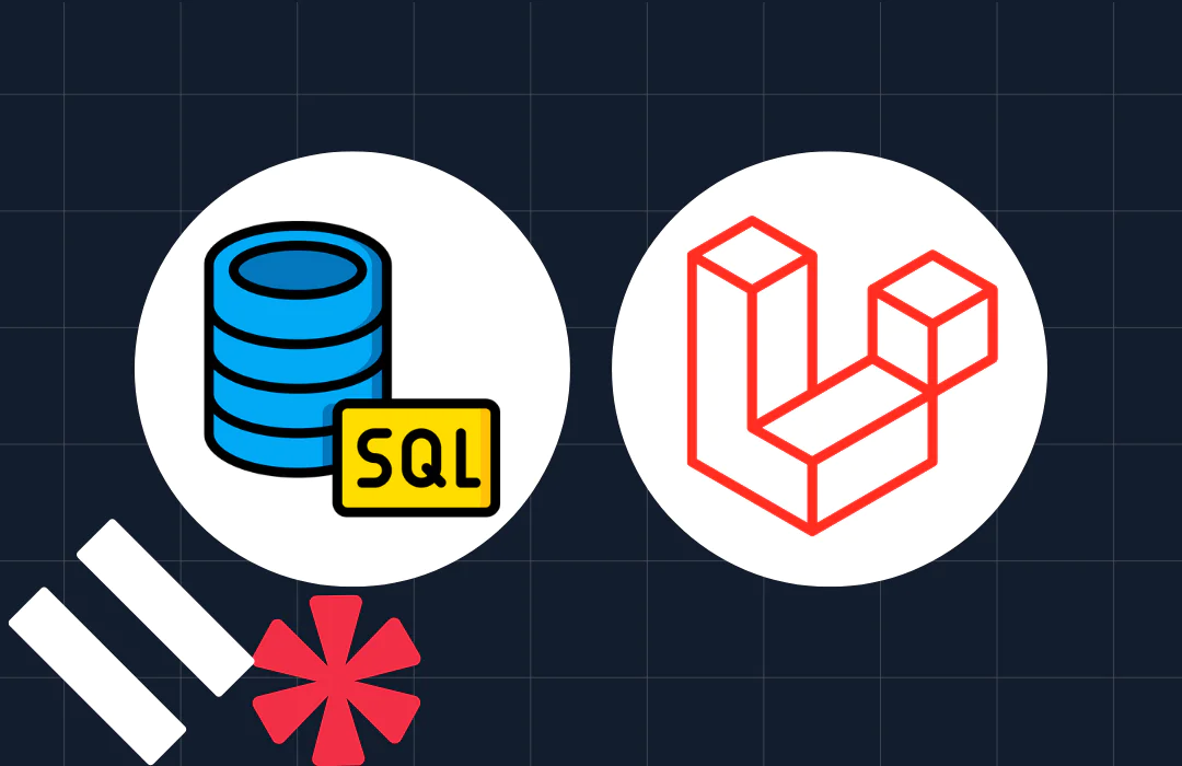 Icons representing a SQL database with a yellow SQL label and the Laravel framework on a grid background.