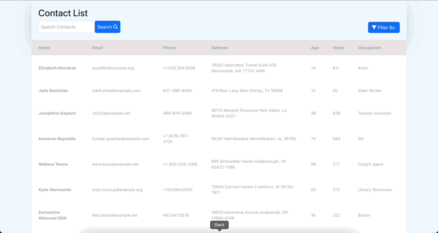 Contact list with names, emails, phone numbers, addresses, ages, and occupations, including search and filter options. Contact list with names, emails, phone numbers, addresses, ages, and occupations, including search and filter options.
