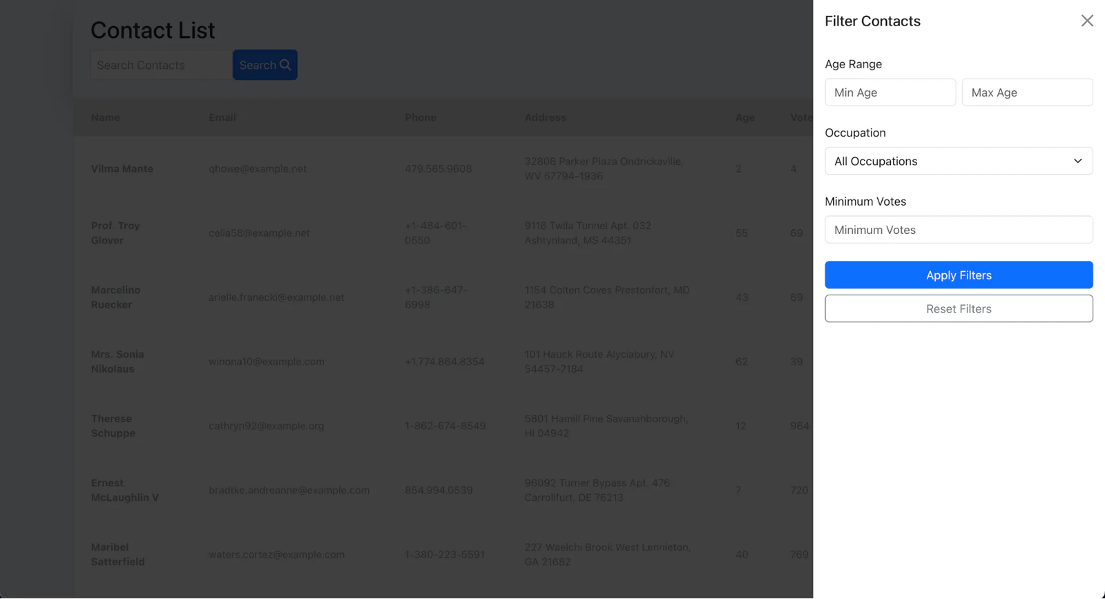 Contact list interface with a filter panel on the right for specifying age range, occupation, and minimum votes. Contact list interface with a filter panel on the right for specifying age range, occupation, and minimum votes.