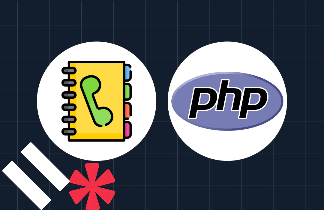 Illustrated contact book and PHP logo on a dark grid background with geometric shapes.