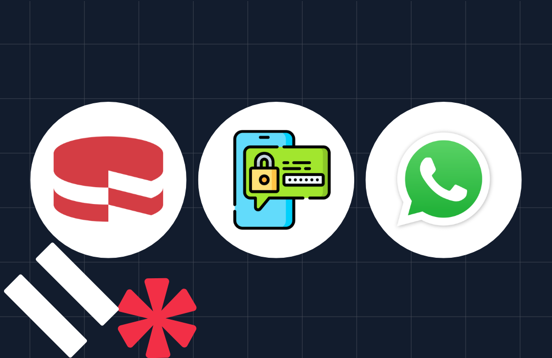 Icons representing a database, secure communication, and WhatsApp against a dark grid background.