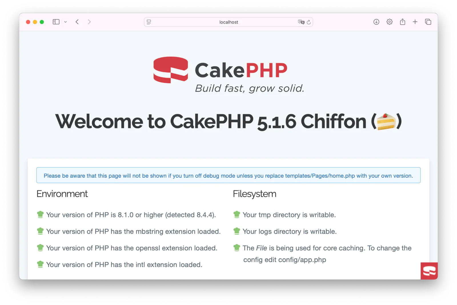 CakePHP version 5.1.6 Chiffon setup screen showing environment and filesystem configuration status.