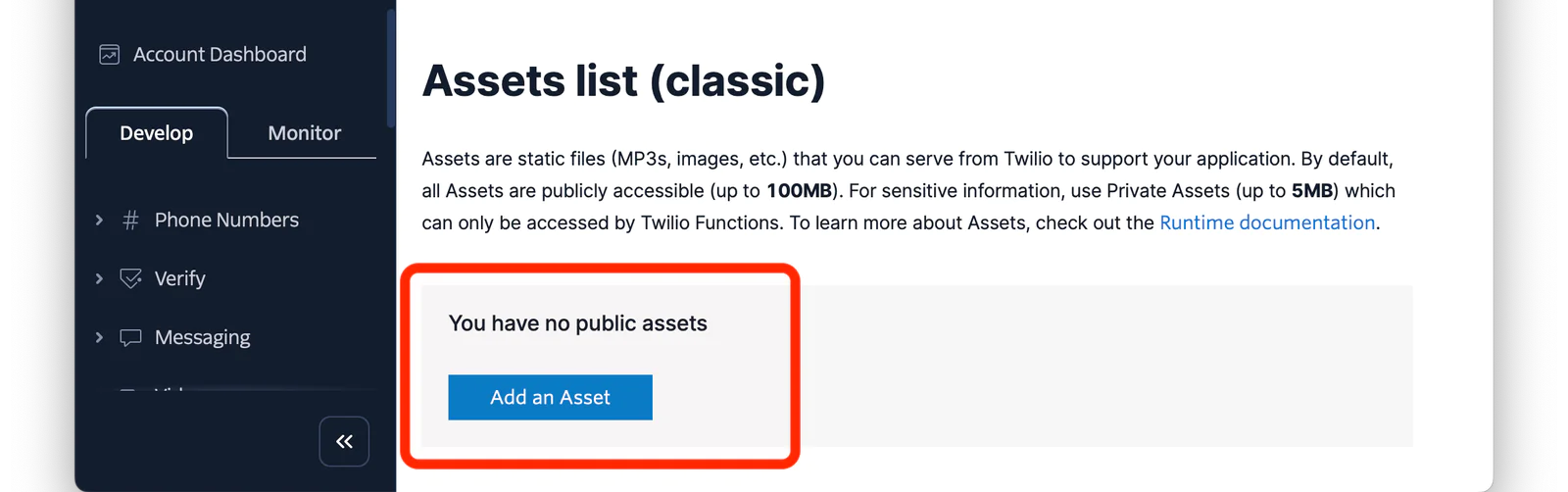 Screenshot of Twilio console showing that there are no public assets and an option to add a new asset.