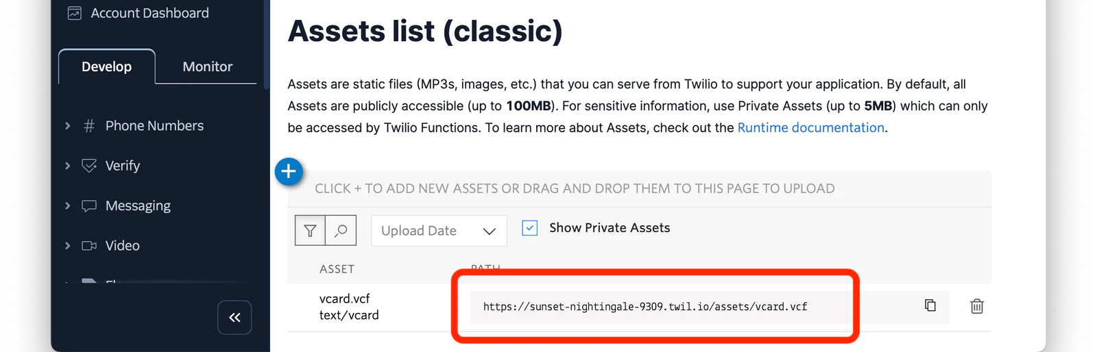 Screenshot of Twilio console displaying the classic assets list section with an uploaded vCard file.