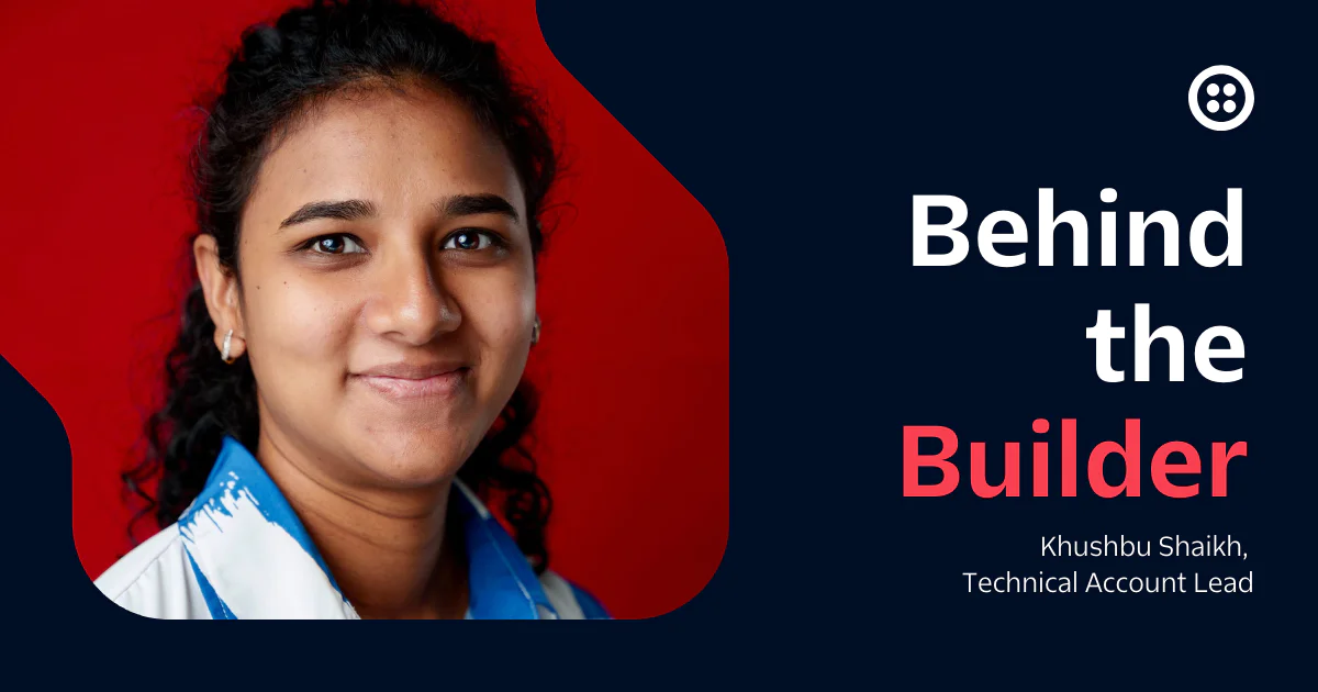 Khushbu Shaikh smiling in front of a red background with text Behind the Builder