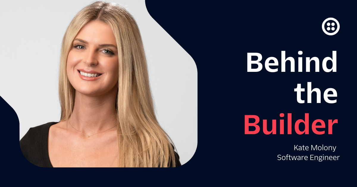 Woman smiling next to Behind the Builder text