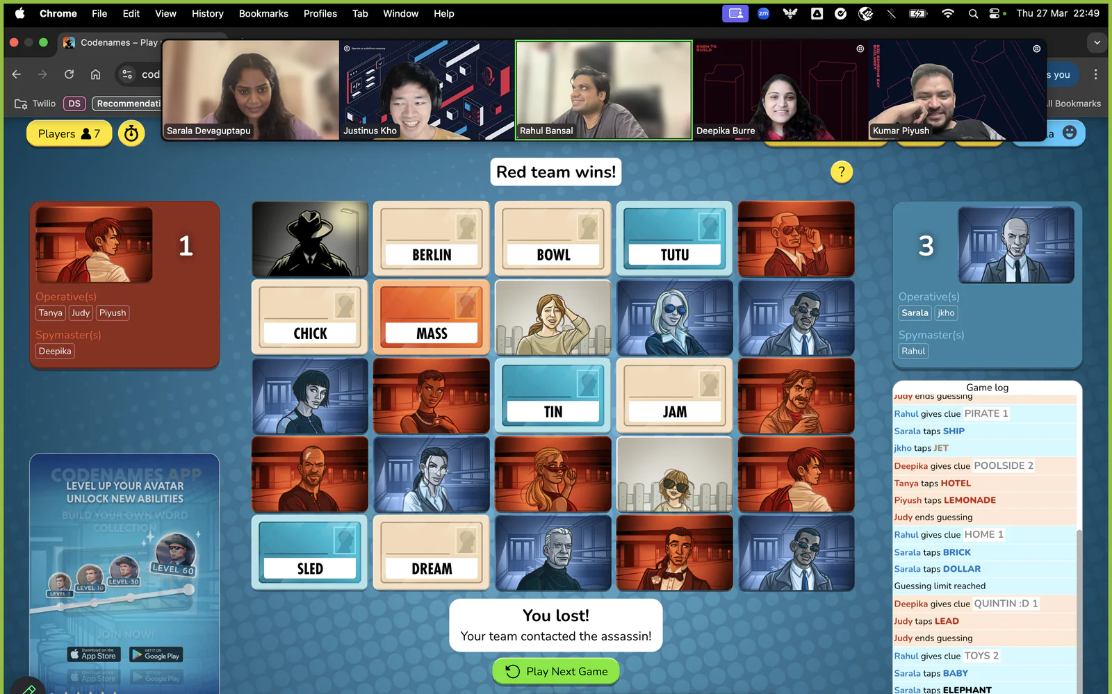 Screenshot of a virtual Codenames game session with participants in video call.