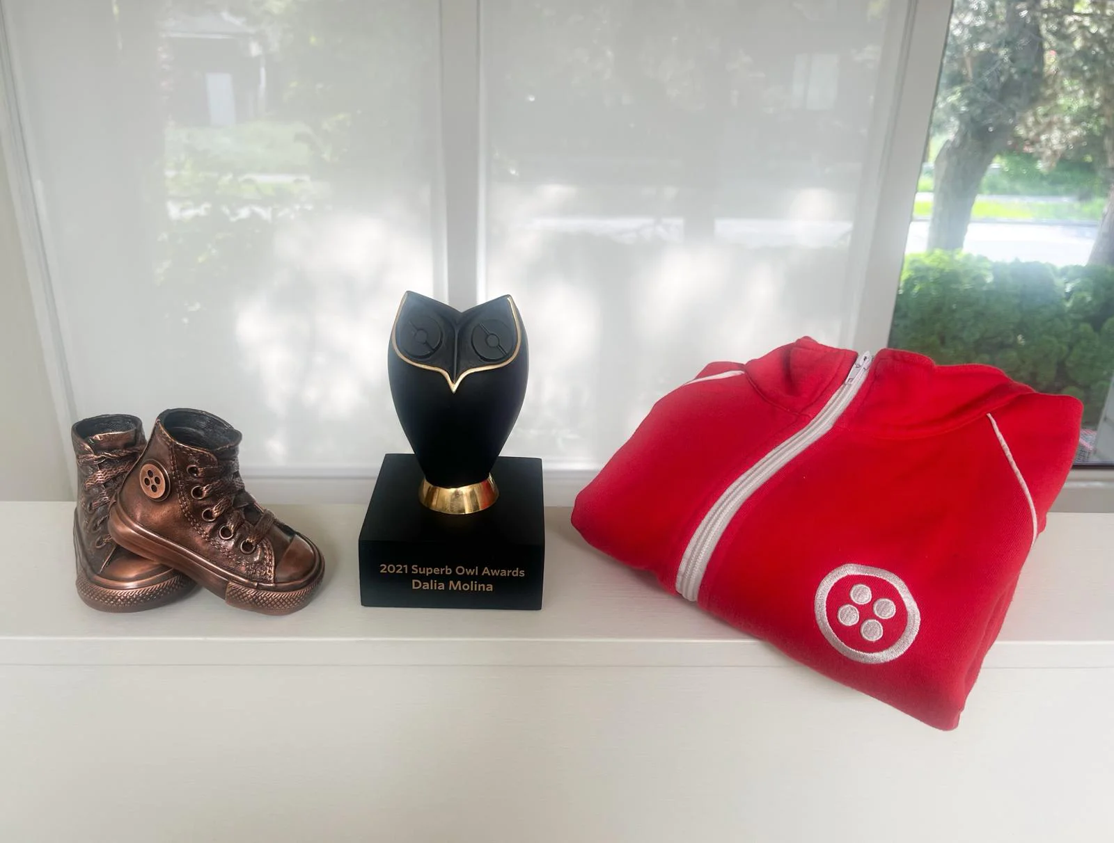 A black owl trophy, bronze shoes, and a red jacket displayed on a white shelf.