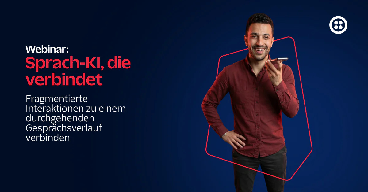 Man on phone promoting a webinar about connecting fragmented interactions with Speech AI.