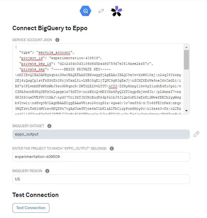 JSON to connect BigQuery to Eppo