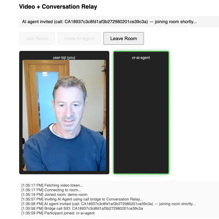 Man in a virtual meeting with an AI agent, with a chat log of the conversation at the bottom.