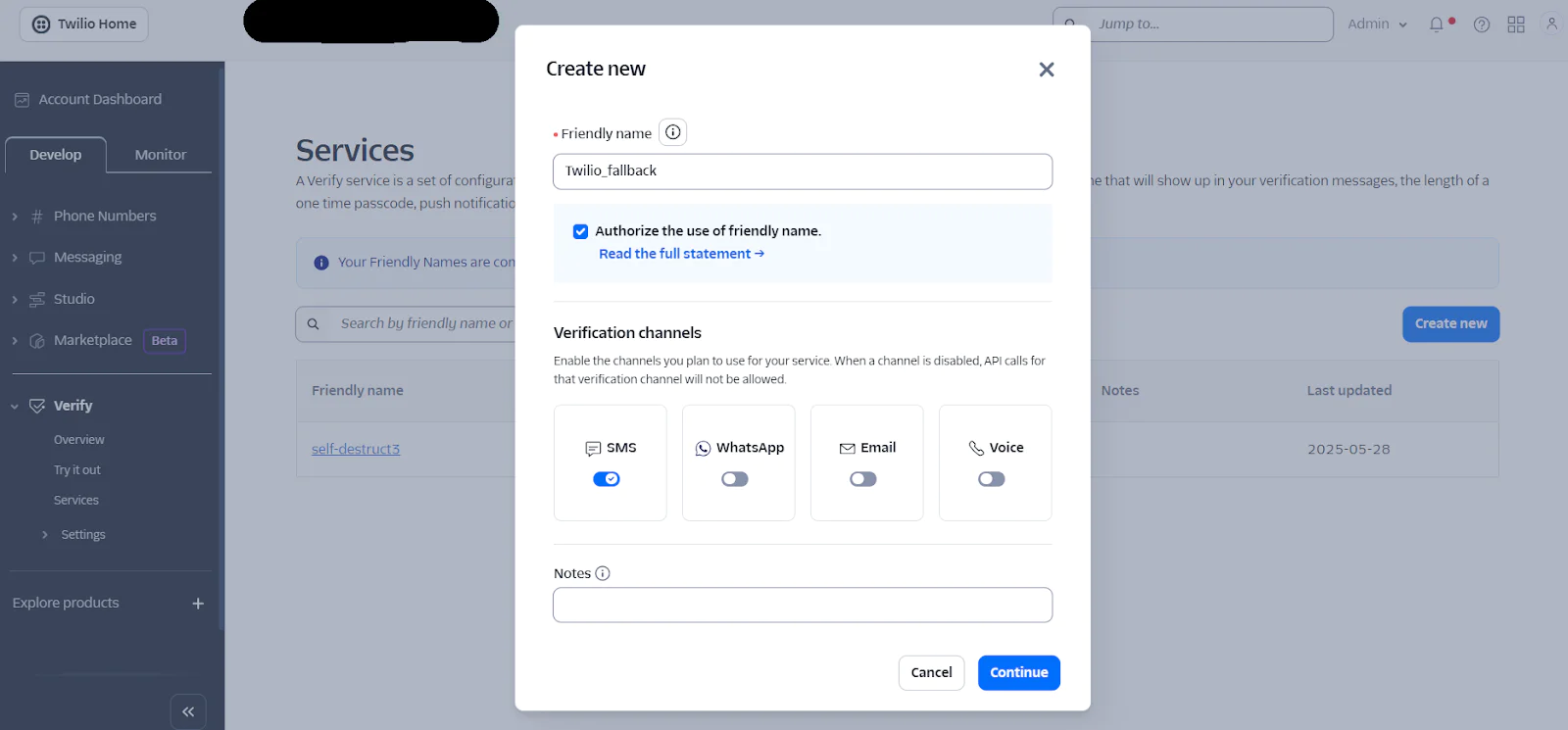 Twilio dashboard screen showing the setup for creating a new service with verification channel options.
