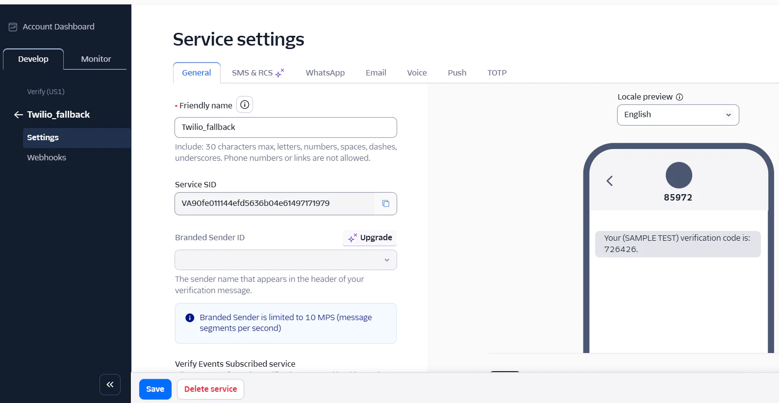 The Twilio dashboard displaying service settings for SMS and other communication channels.