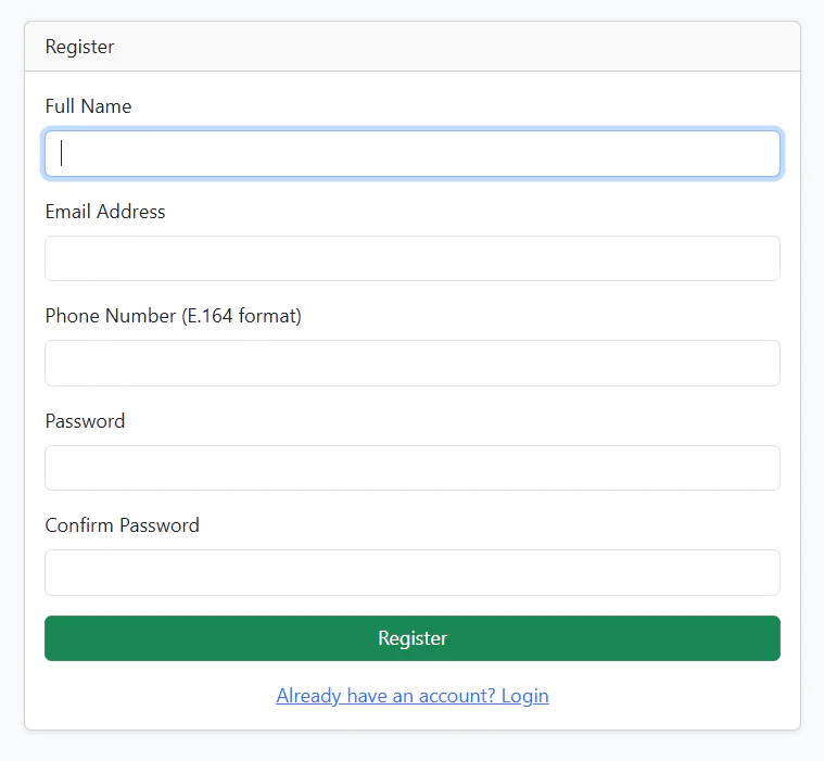 A registration form with fields for full name, email address, phone number, password, and confirm password.