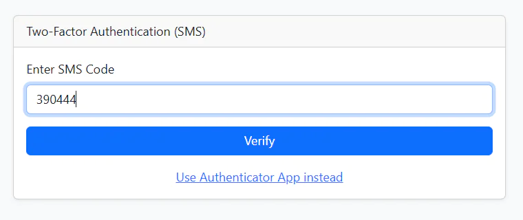 SMS code entry for two-factor authentication with Verify button.