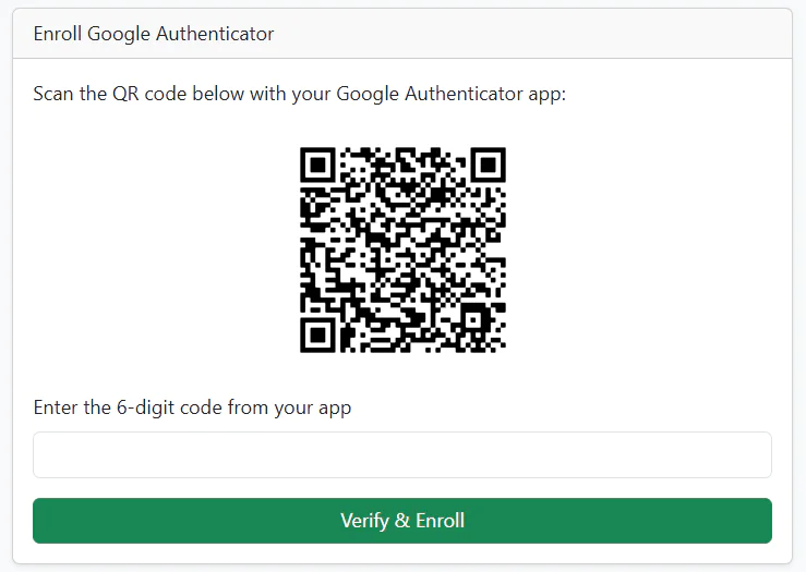 A QR code with instructions to scan using the Google Authenticator app and a field for a 6-digit verification code.