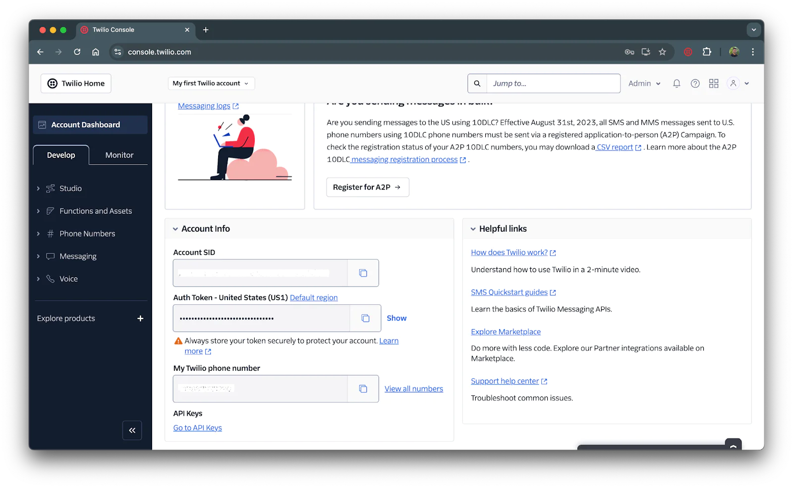 Twilio Console showing account dashboard with account info, helpful links, and navigation menu. Front page of the Twilio console showing the account info section with credentials.