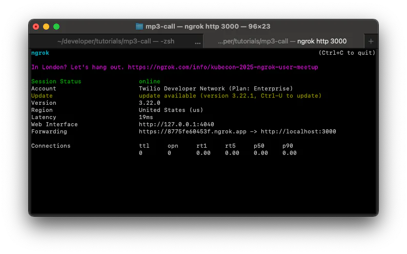 Terminal window showing an active ngrok session with status, web interface URL, and connection details. Screenshot of terminal showing ngrok server info.