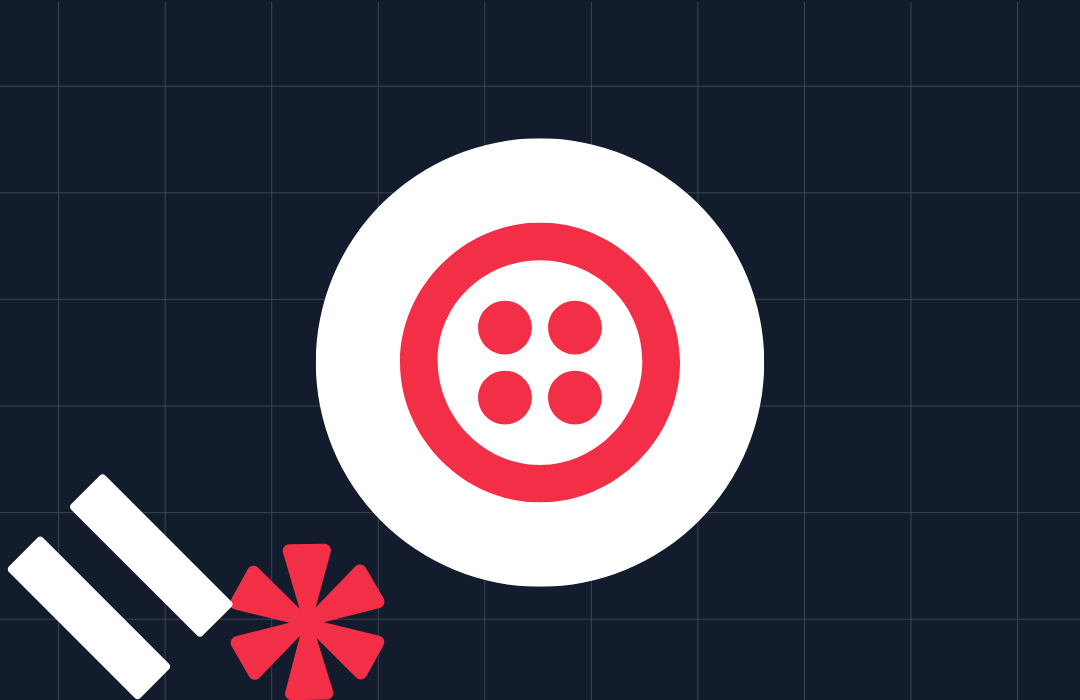 Red button icon on a white circle with red and white geometric shapes on a dark grid background.