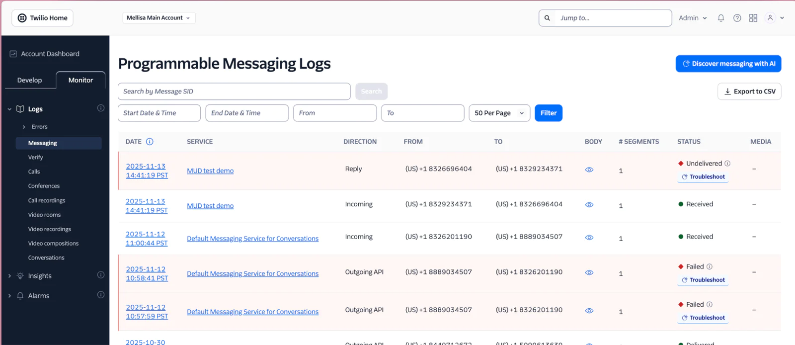 Twilio dashboard showing programmable messaging logs with various statuses and details.