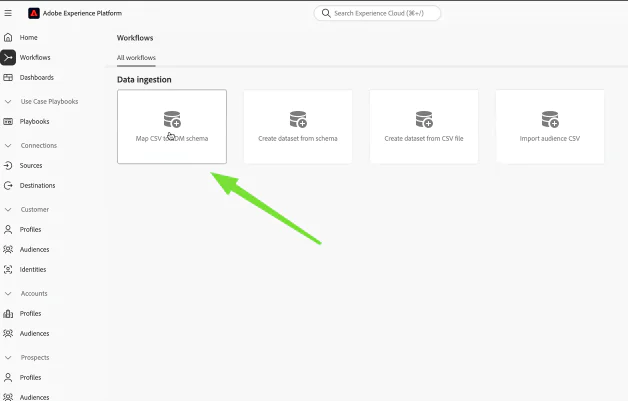 User interface of Adobe Experience Platform showing options to map or create datasets from CSV files.