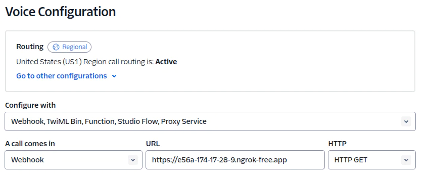Screenshot of voice configuration settings in a Twilio dashboard showing webhook URL and HTTP method.