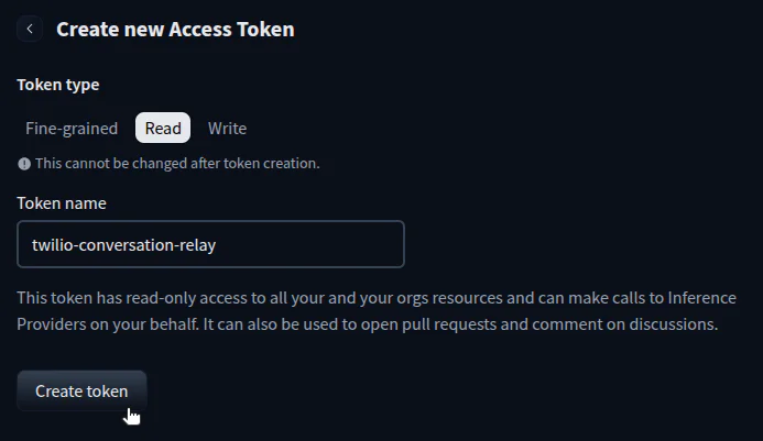Interface showing the creation of a read-only access token named twilio-conversation-relay