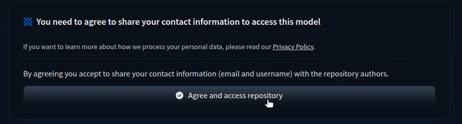 Pop-up window asking users to agree to share contact information to access a model repository.