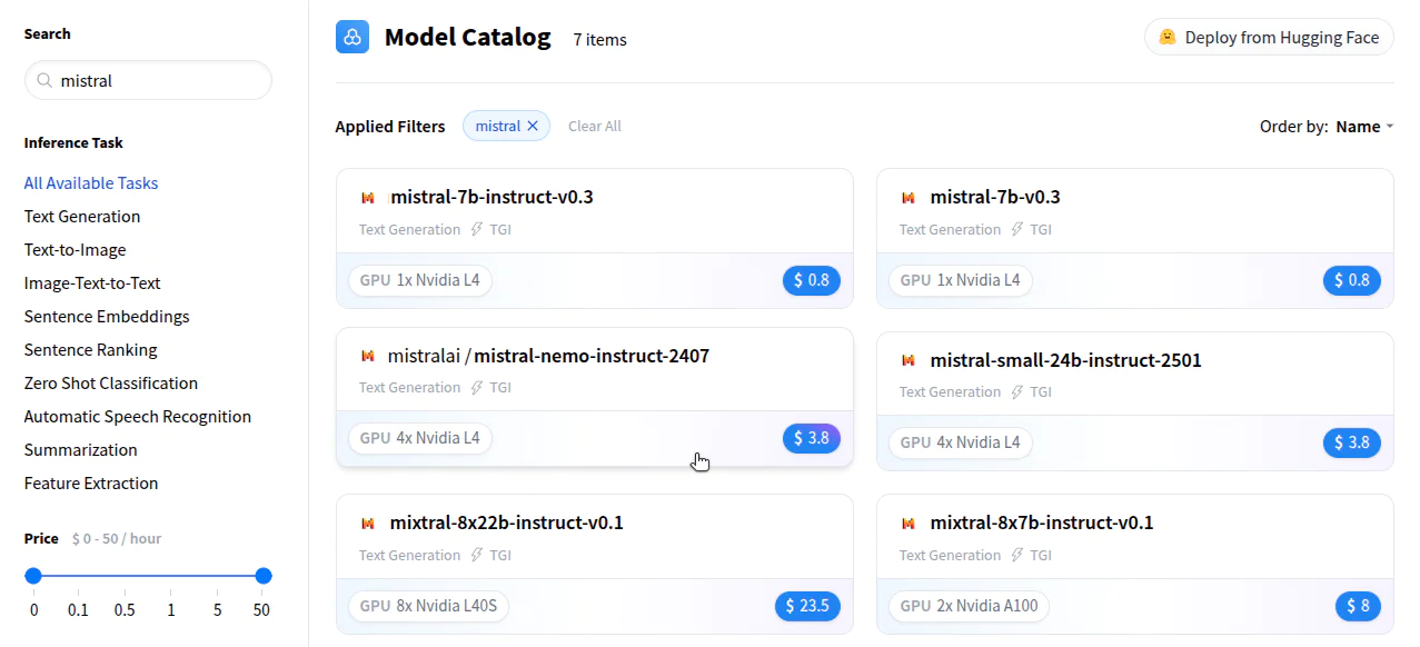 Screenshot of a model catalog showing filtered results for 'mistral' with various models listed.