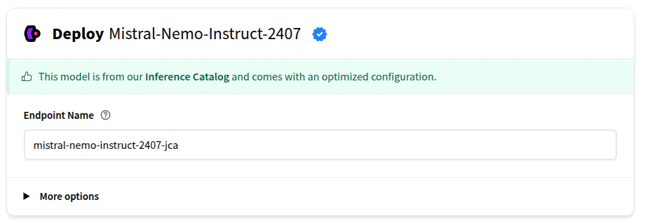 Deployment screen showing Mistral-Nemo-Instruct-2407 model with optimized configuration.