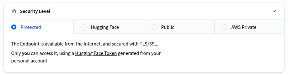 Security level settings showing options for Protected and Public with Hugging Face Token instruction