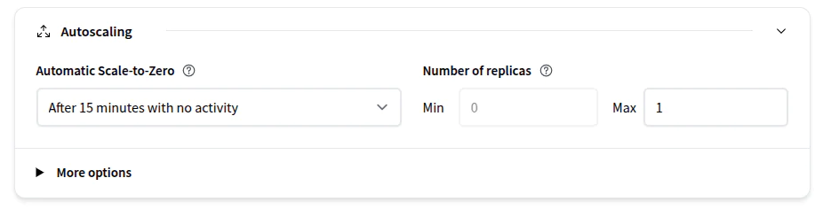 Autoscaling configuration panel showing automatic scale-to-zero after 15 minutes of no activity and replica limits.