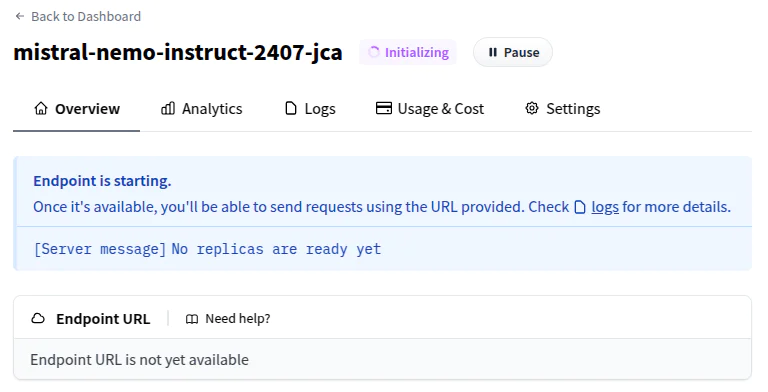 Dashboard screen showing endpoint status as initializing with a message No replicas are ready yet.