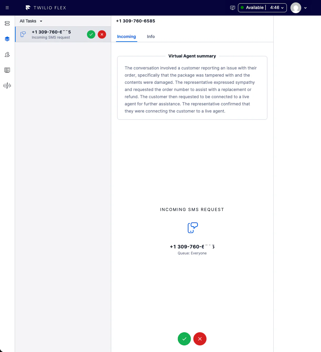 Screenshot of Twilio Flex interface displaying an incoming SMS request and a virtual agent summary.