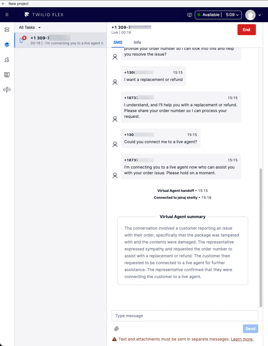 Screenshot of a customer service conversation on Twilio Flex chat interface.